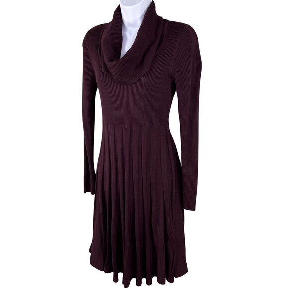 Calvin Klein Womens S Burgundy Ribbed Knit Cowl Neck Fit Flare Pleated Dress - Picture 6 of 16